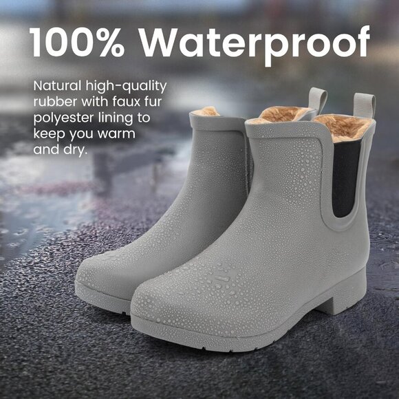 Women’s Gray Waterproof Plush Lined Slip On Rain Ankle Slim Chelsea Boots - Picture 3 of 7